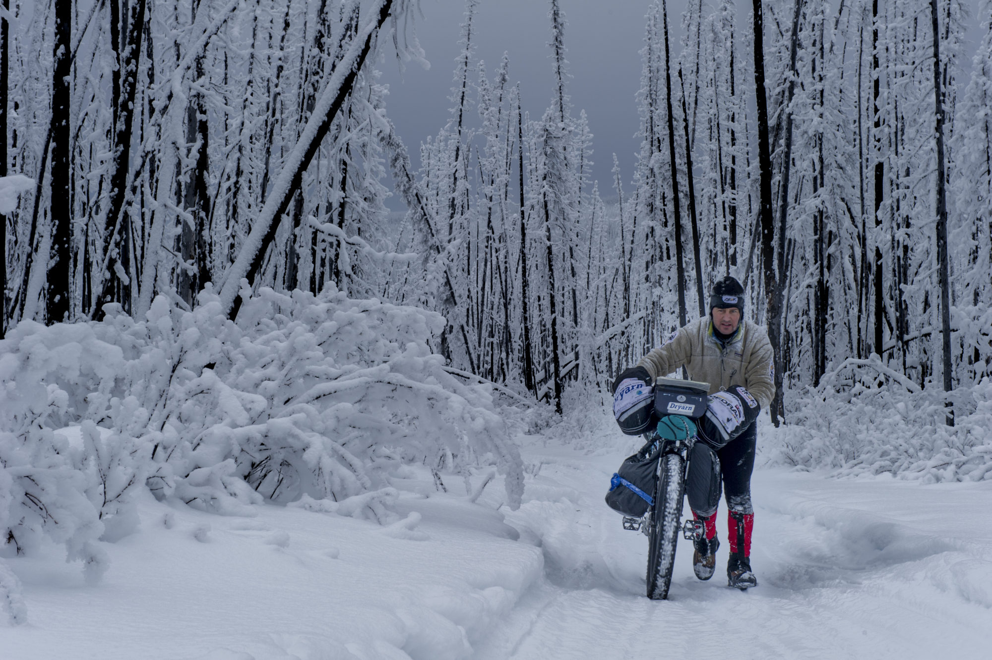 Foto di aldo mazzocchi provato dalla fatica e dal gelo in una foresta bruciata ricoperta di neve